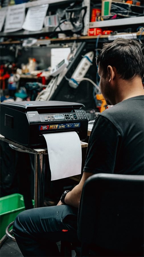 Técnico imprimiendo un reporte de diagnóstico en el taller